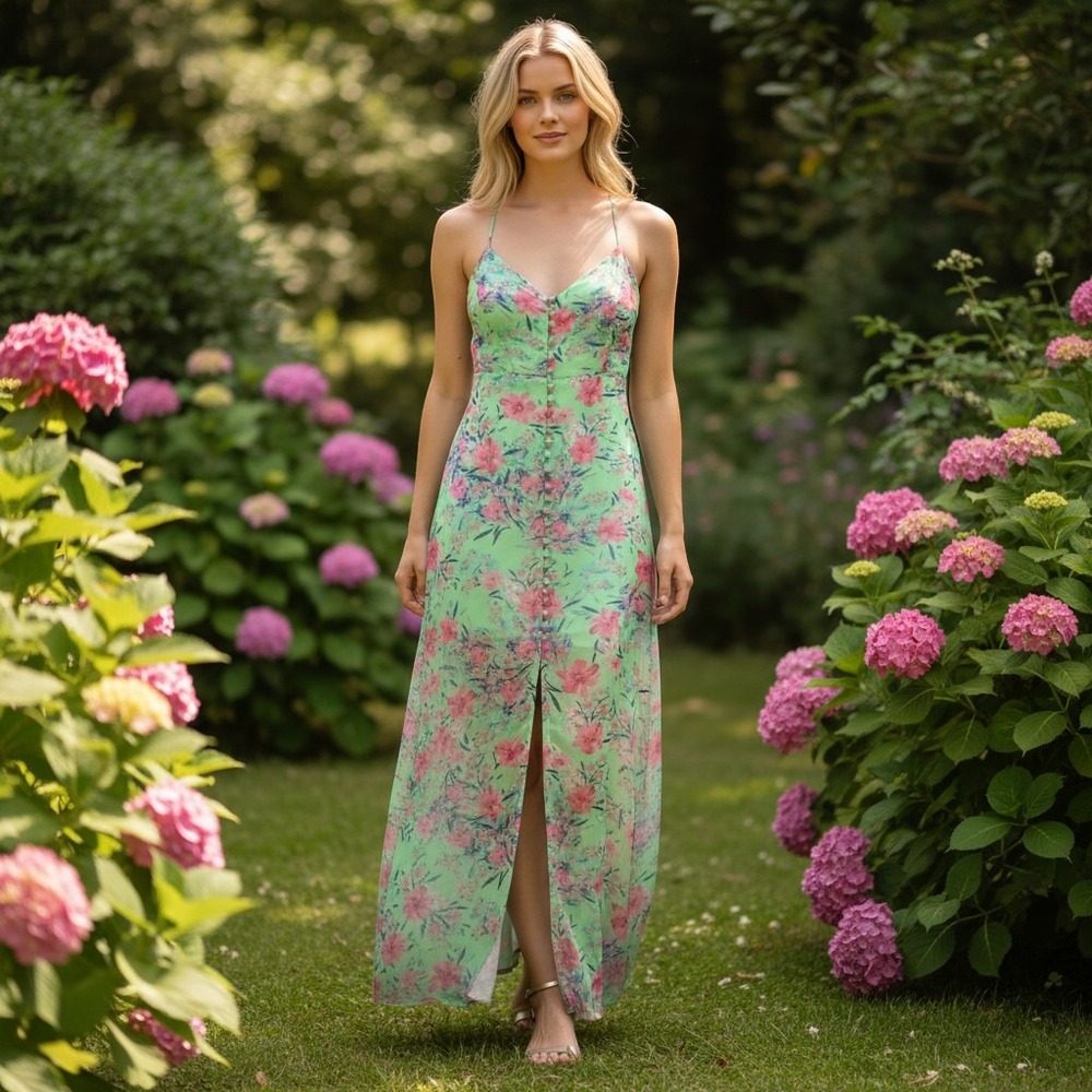 Sexy Green Medium Floral Spaghetti Strap Maxi Dress Chiffon‎ boho Prairie Y2K